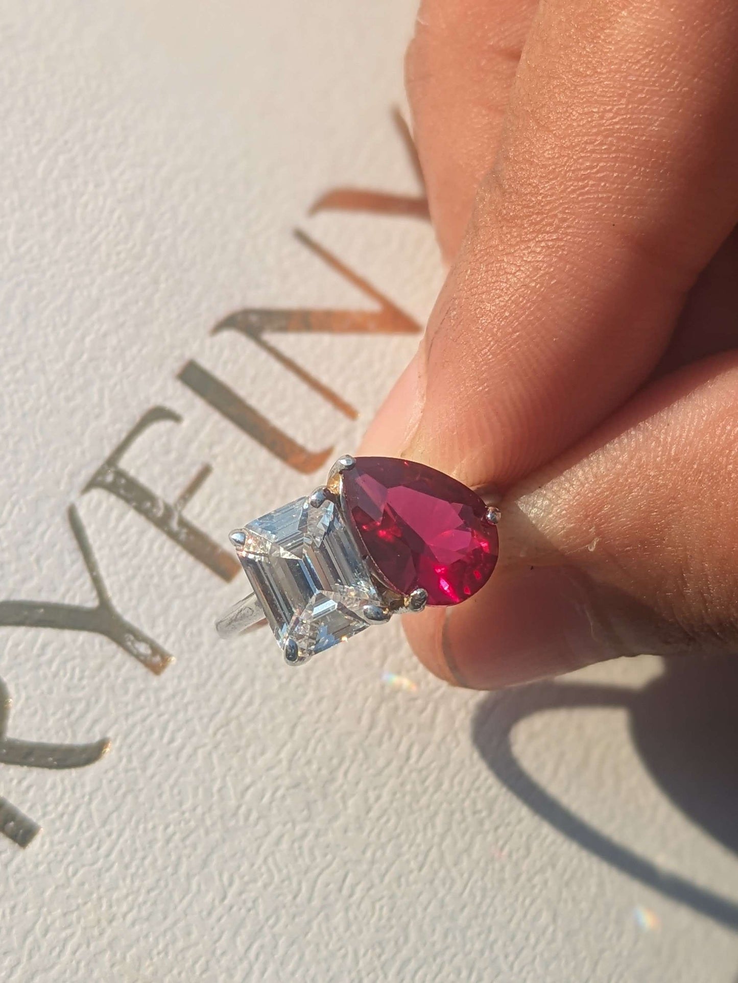 3.5Ct Red Ruby Pear & Emerald Toi Et Moi Silver Ring For Women