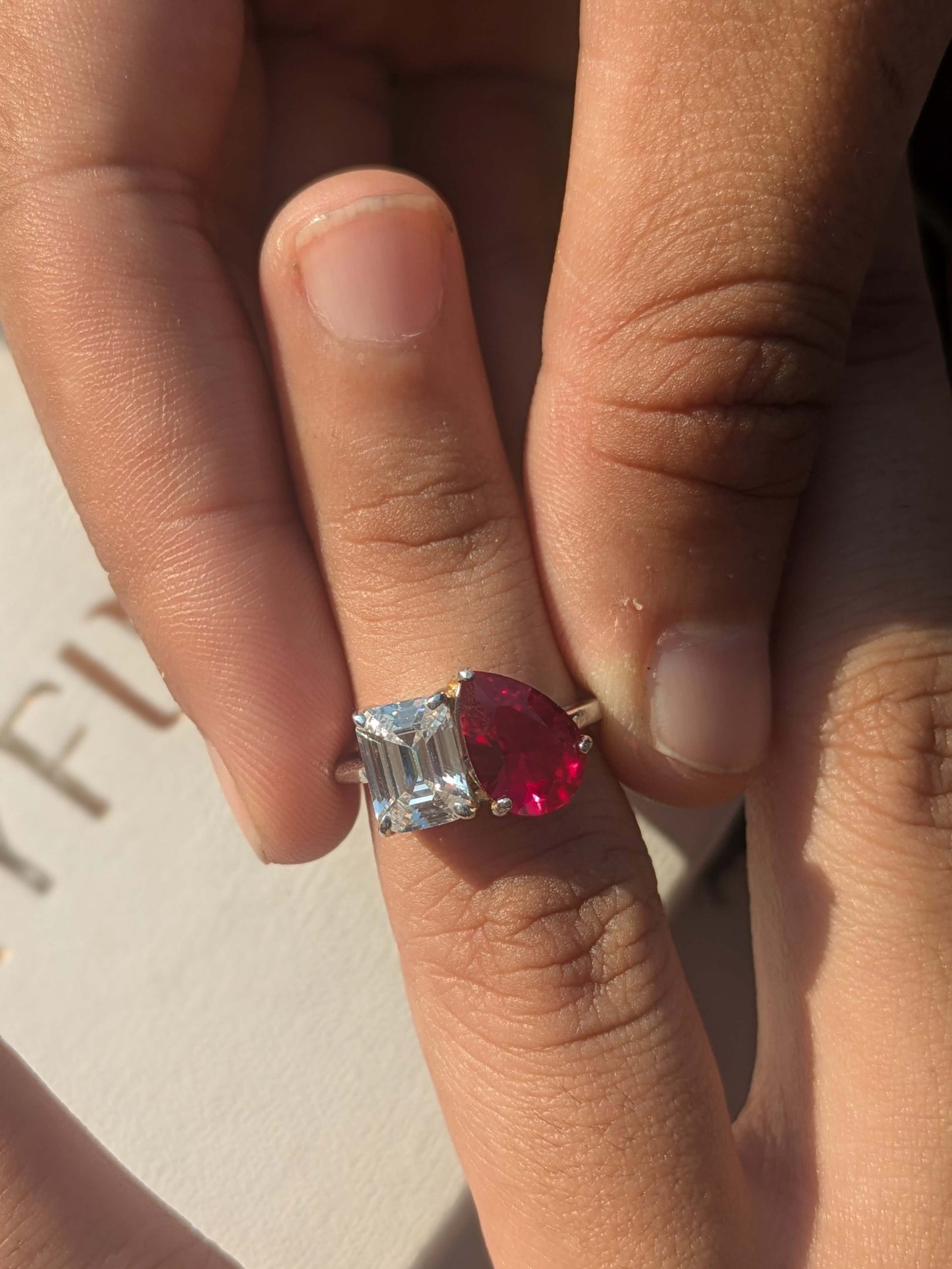 3.5Ct Red Ruby Pear & Emerald Toi Et Moi Silver Ring For Women