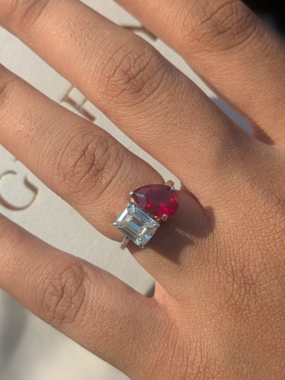 3.5Ct Red Ruby Pear & Emerald Toi Et Moi Silver Ring For Women