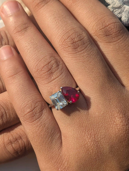 3.5Ct Red Ruby Pear & Emerald Toi Et Moi Silver Ring For Women