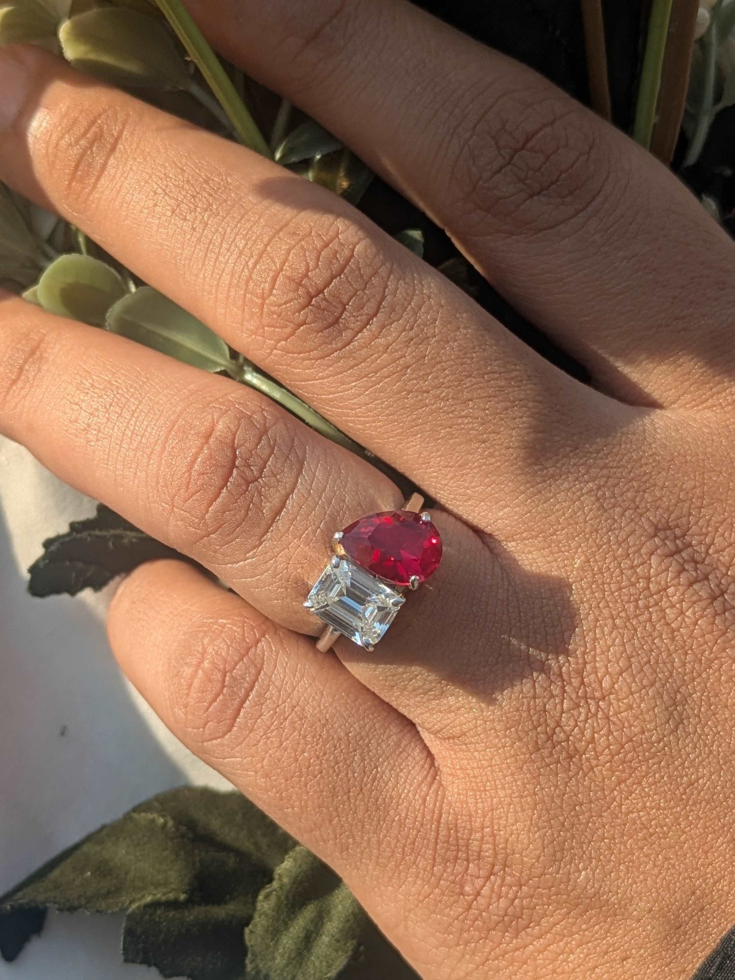 3.5Ct Red Ruby Pear & Emerald Toi Et Moi Silver Ring For Women