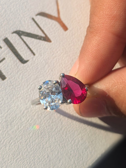 4Ct Red Ruby Pear & Oval Toi Et Moi Silver Ring For Women