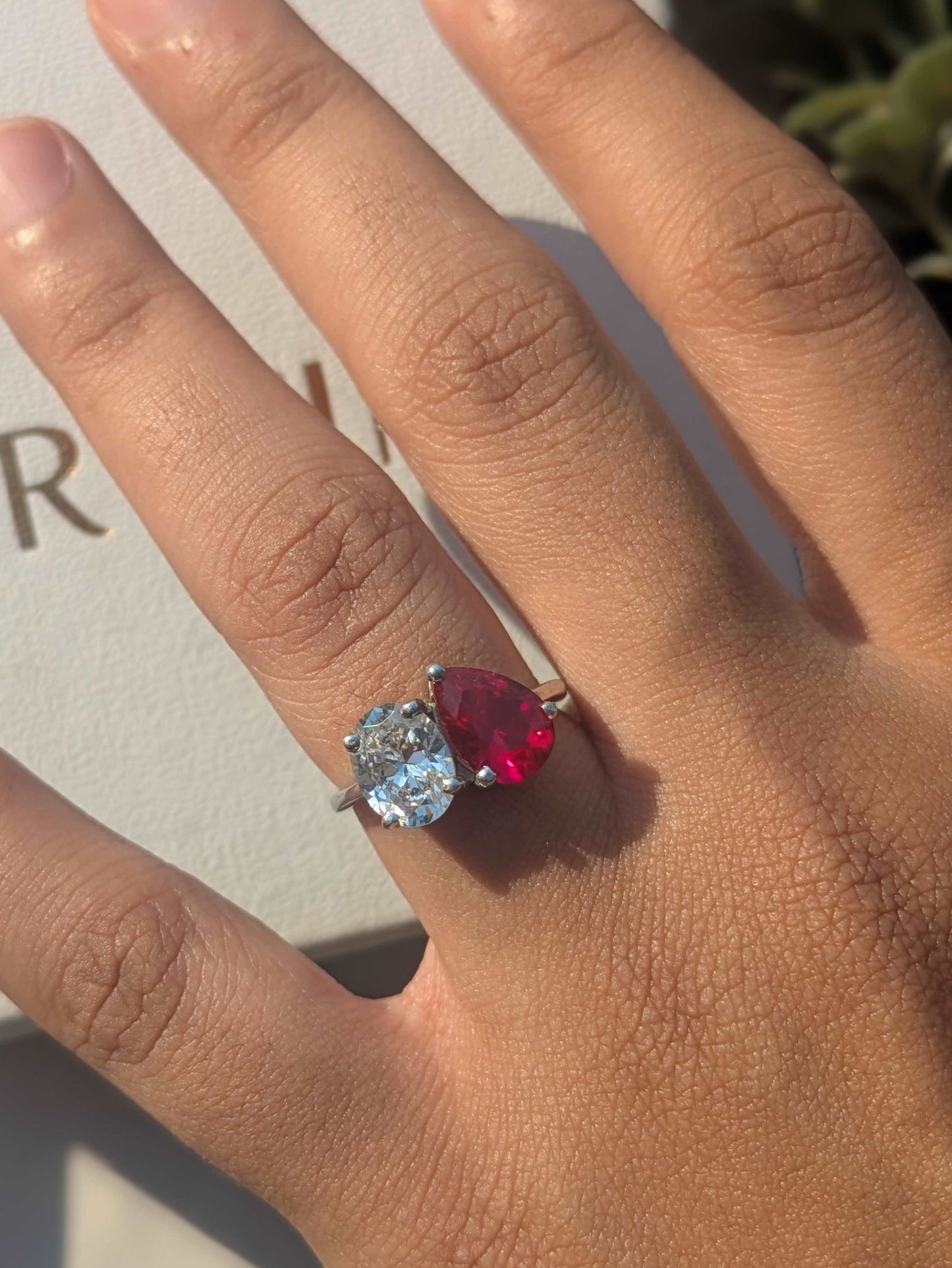 4Ct Red Ruby Pear & Oval Toi Et Moi Silver Ring For Women