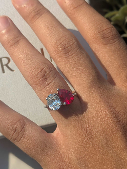 4Ct Red Ruby Pear & Oval Toi Et Moi Silver Ring For Women