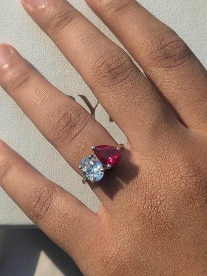 4Ct Red Ruby Pear & Oval Toi Et Moi Silver Ring For Women