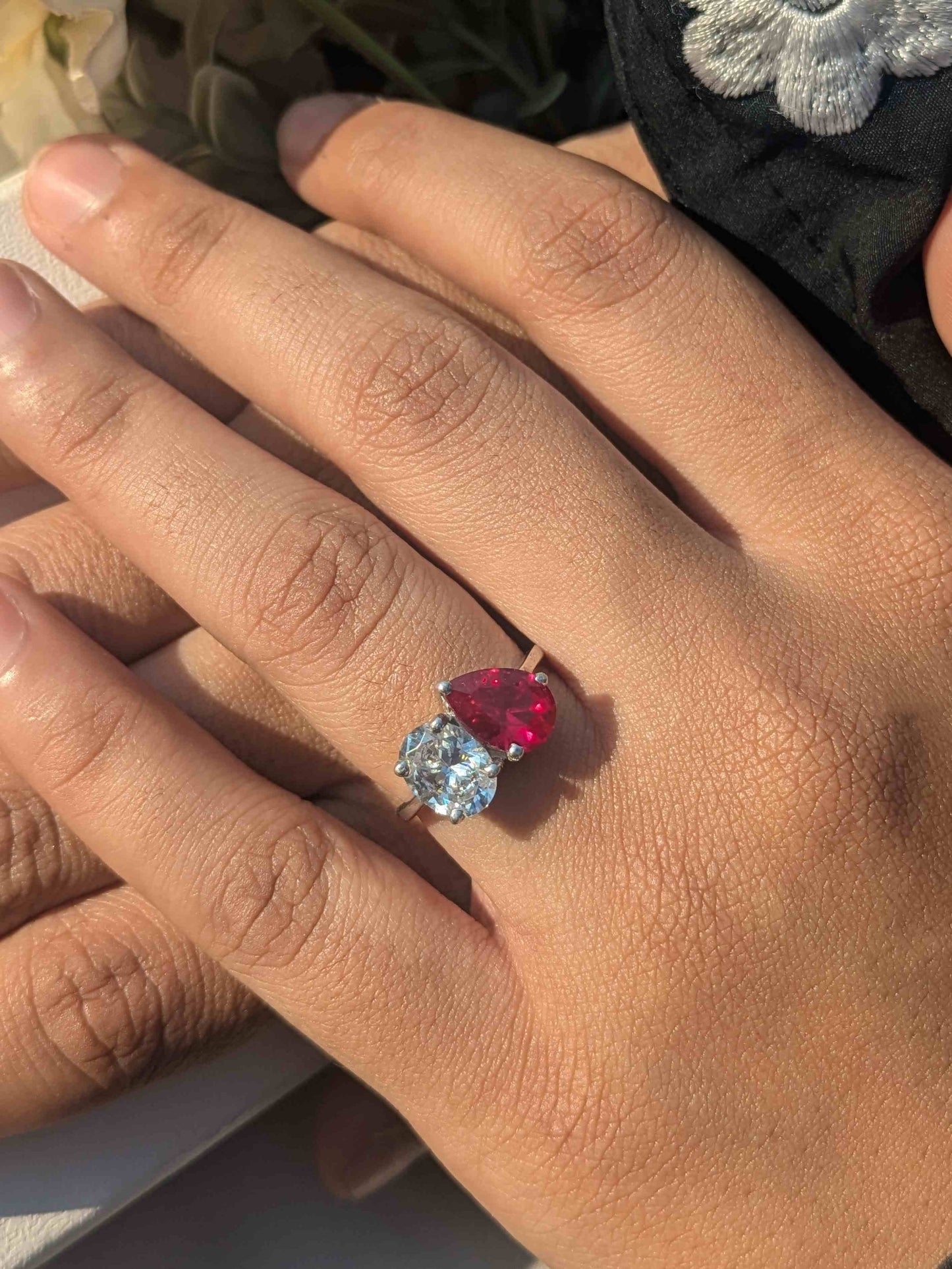 4Ct Red Ruby Pear & Oval Toi Et Moi Silver Ring For Women