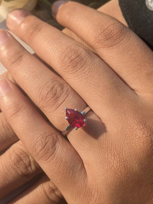 2Ct Red Ruby Rhea Silver Pear Solitaire Ring For Women