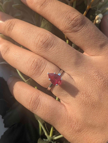 2Ct Red Ruby Rhea Silver Pear Solitaire Ring For Women