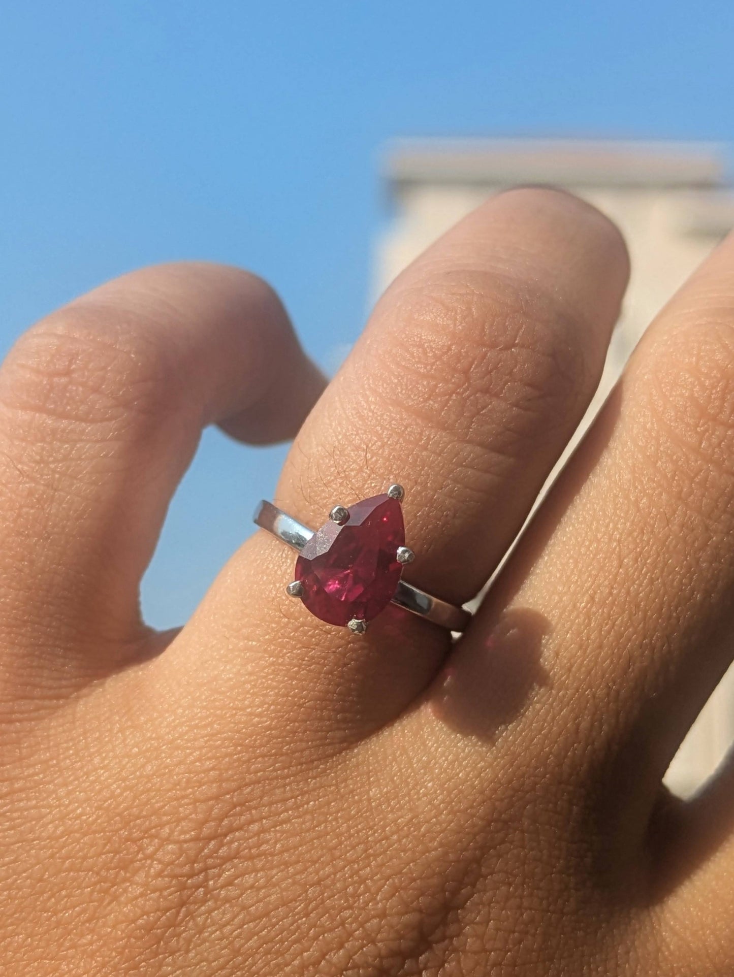 2Ct Red Ruby Rhea Silver Pear Solitaire Ring For Women