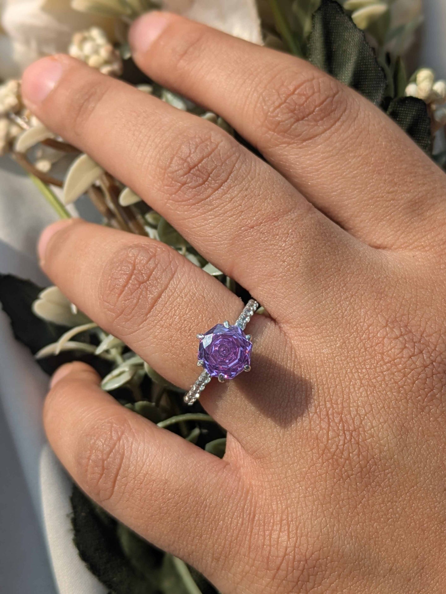 2Ct Purple Rose Cut Blossom Silver Solitare Ring For Women