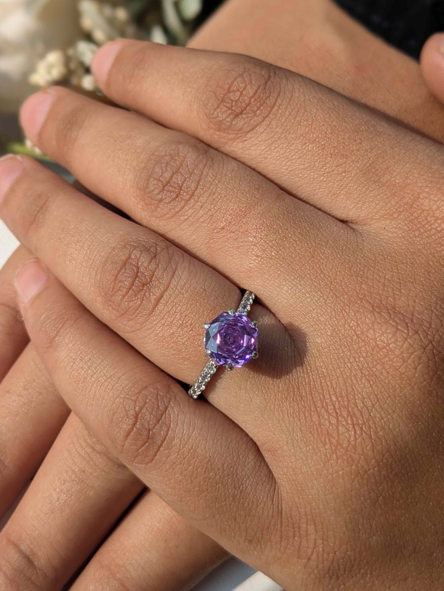 2Ct Purple Rose Cut Blossom Silver Solitare Ring For Women