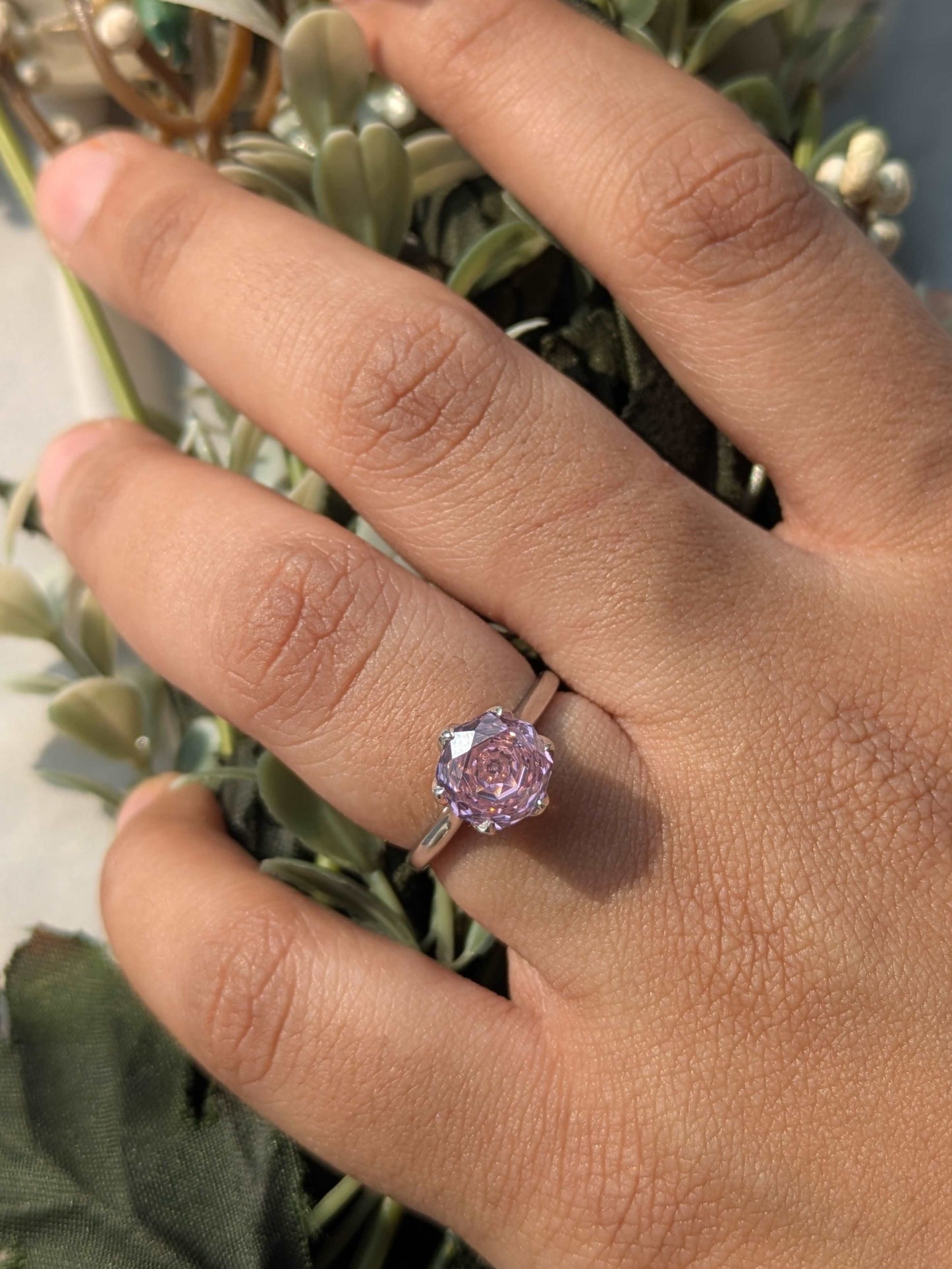 2Ct Pink Rose Cut Tulip Setting Silver Solitare Ring For Women
