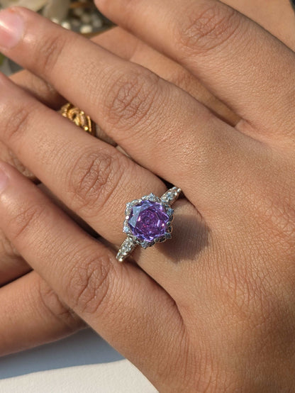 2Ct Purple Rose Cut Marell Luxe Round Solitaire Silver Ring For Women