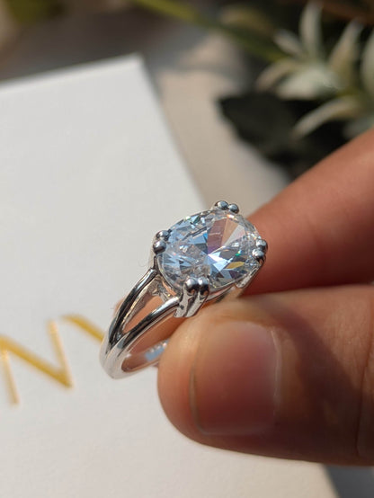 3Ct East West Setted Oval Silver Solitaire Ring For Women