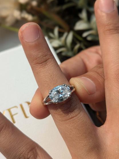 3Ct East West Setted Oval Silver Solitaire Ring For Women