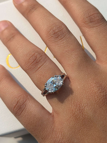 3Ct East West Setted Oval Silver Solitaire Ring For Women