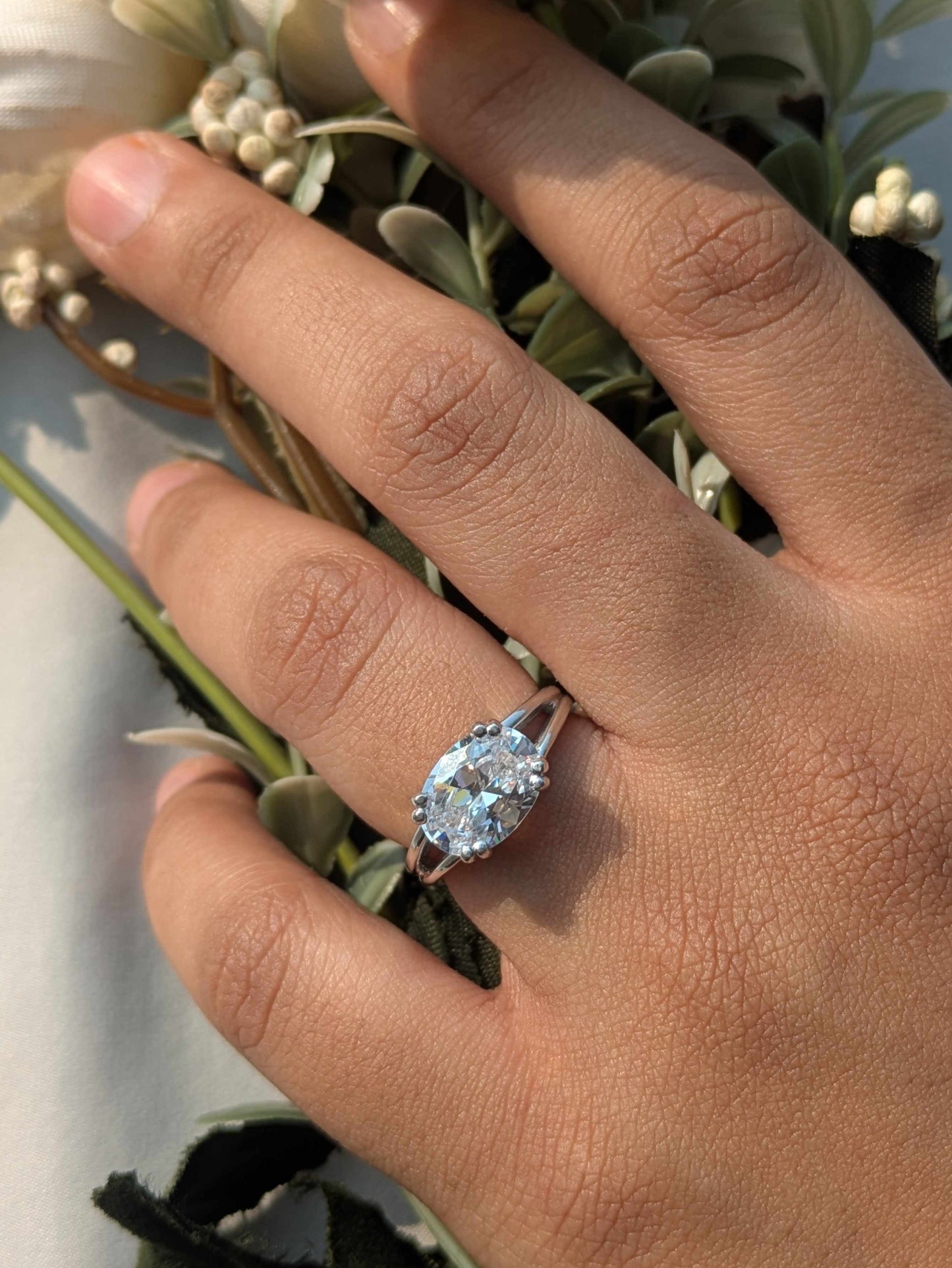 3Ct East West Setted Oval Silver Solitaire Ring For Women