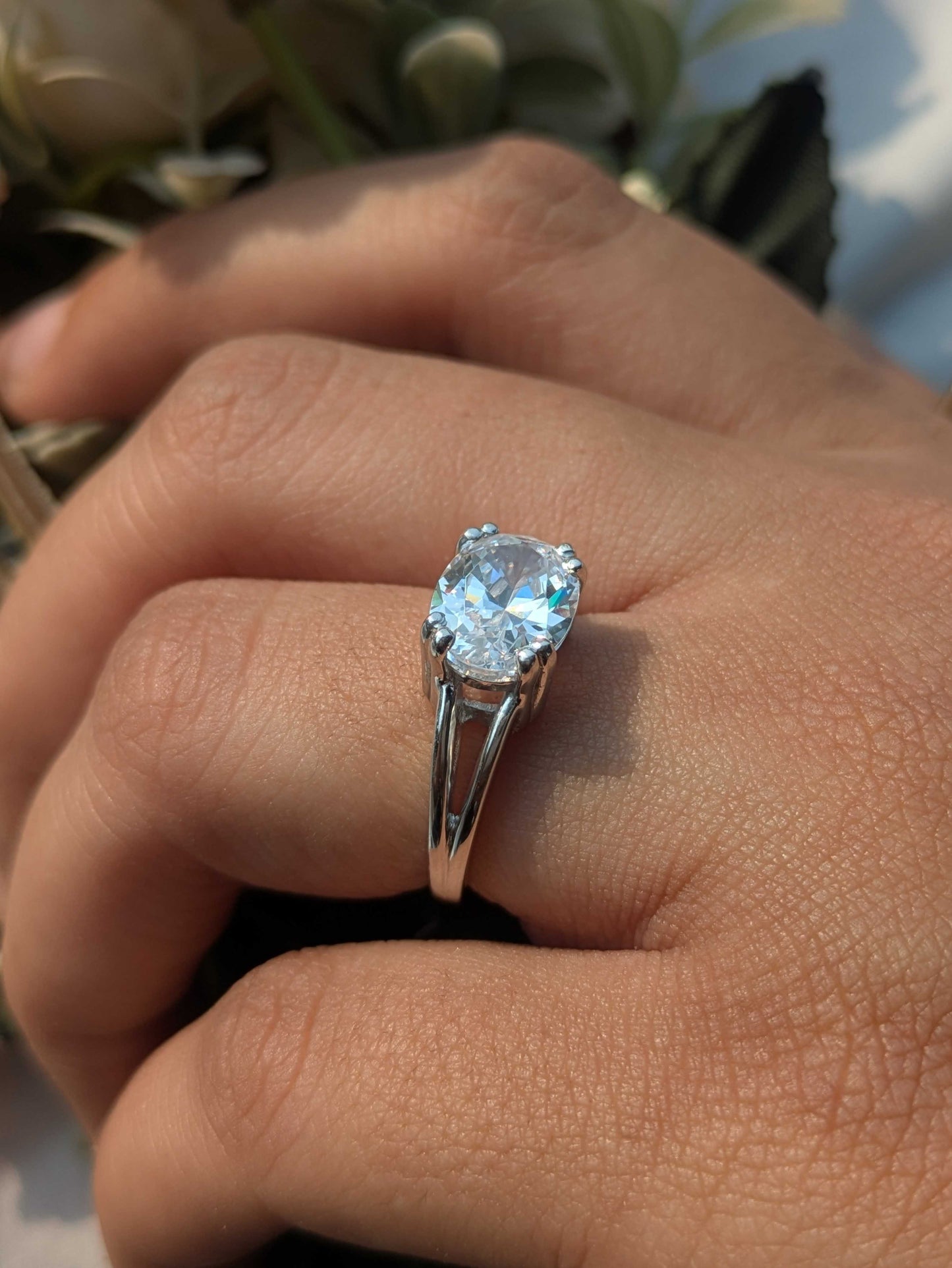 3Ct East West Setted Oval Silver Solitaire Ring For Women