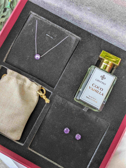 Purple Rose Cut Silver Earrings & Pendant Gift Set For Her