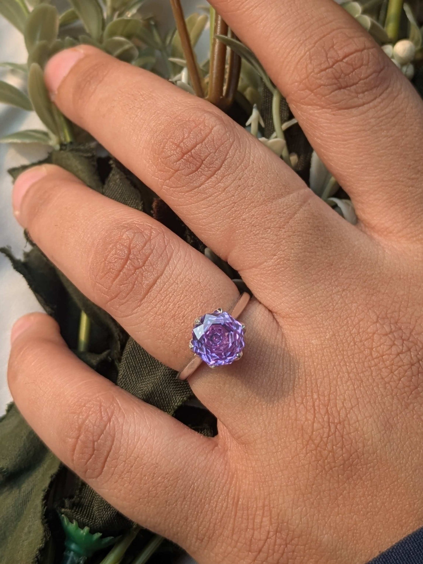 2Ct Purple Rose Cut Tulip Setting Silver Solitare Ring For Women