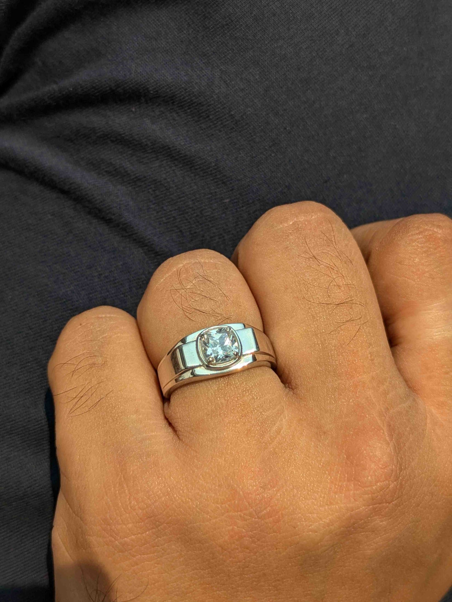 Cushion Cut Step-up Mens Silver Engagement Ring