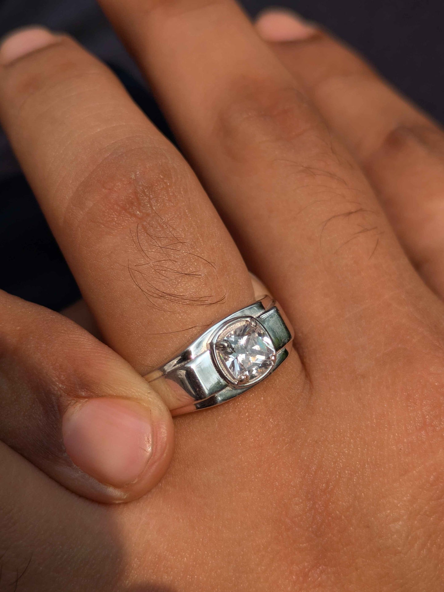 Cushion Cut Step-up Mens Silver Engagement Ring