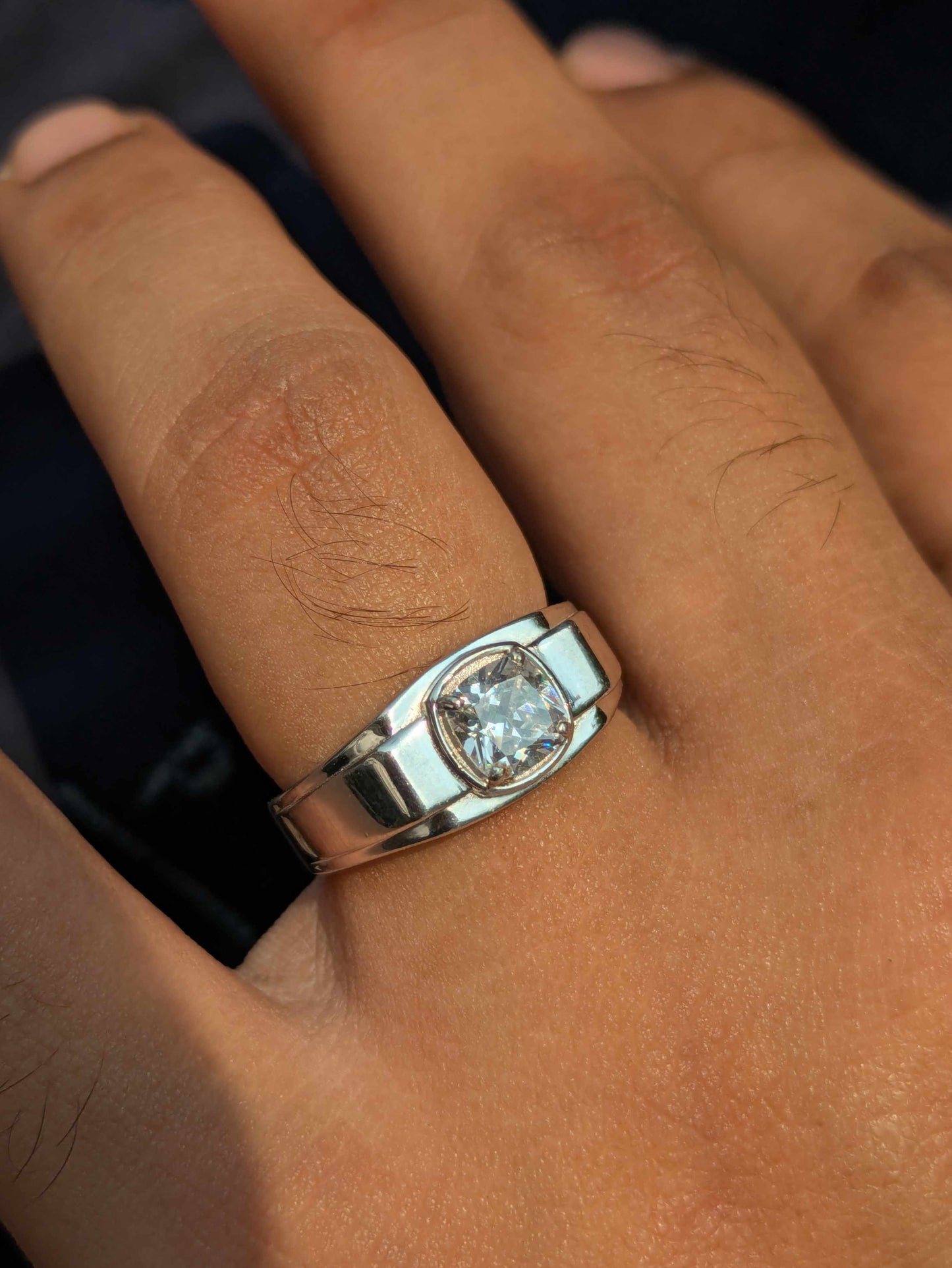 Cushion Cut Step-up Mens Silver Engagement Ring