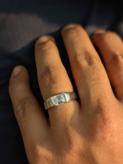 1 Ct Emerald Open Bezel Silver Engagement Ring For Men
