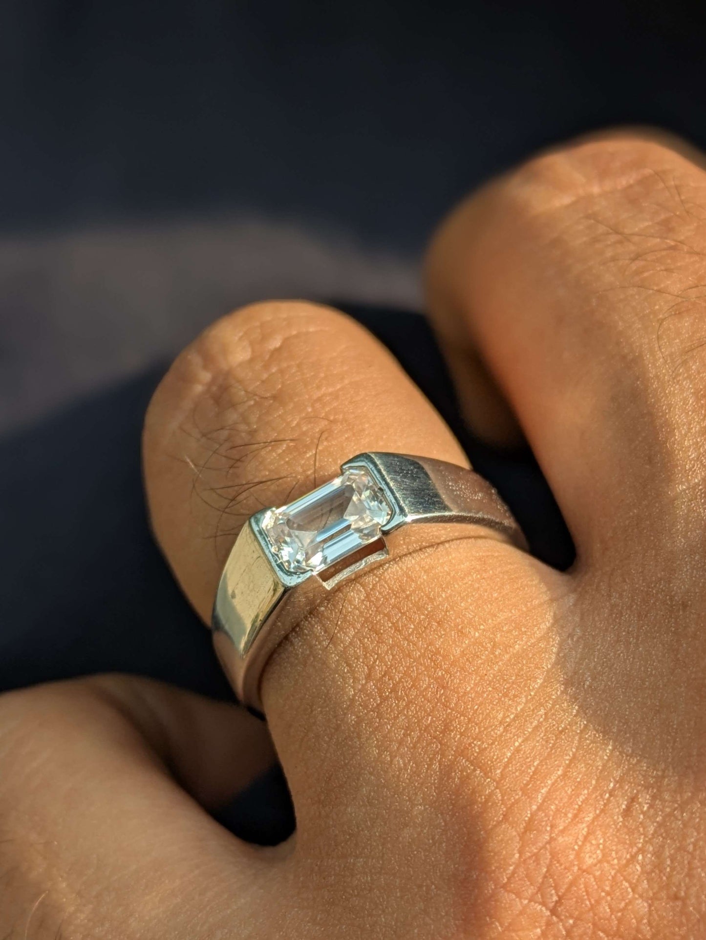 1 Ct Emerald Open Bezel Silver Engagement Ring For Men