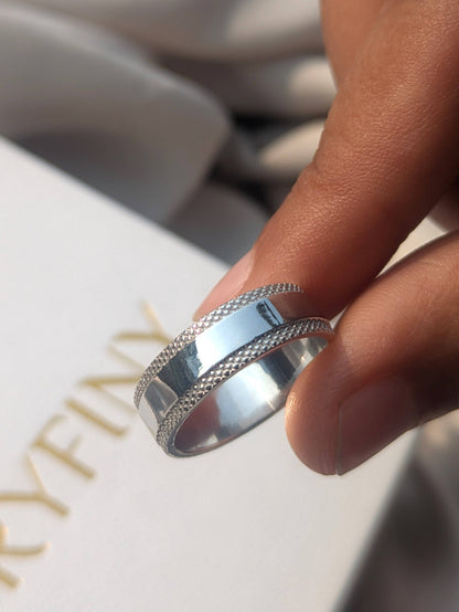 Drape Silver Textured Ring Band For Men