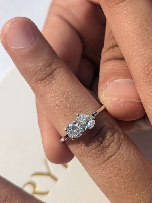 1.0Ct Pear & Round Toi Et Moi Solitaire Silver Ring