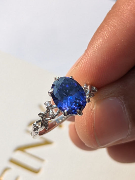 2Ct Blue Tanzanite Oval Floral Silver Solitaire Ring For Women