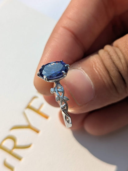 2Ct Blue Tanzanite Oval Floral Silver Solitaire Ring For Women