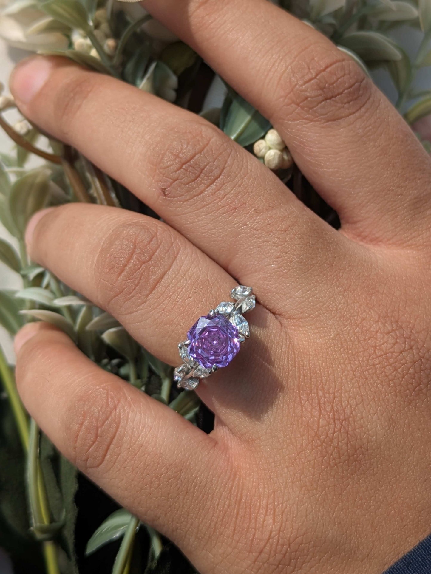2Ct Purple Rose Cut Floral Shank Silver Solitare Ring For Women