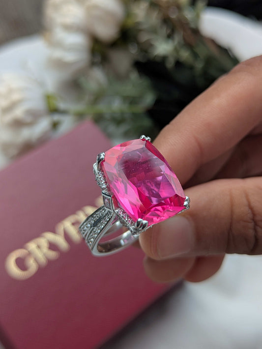 Victoria Pink Oblong Cushion Silver Ring For Women