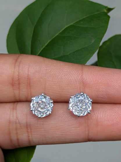2Ct White Rose Cut Round Stud Silver Earring