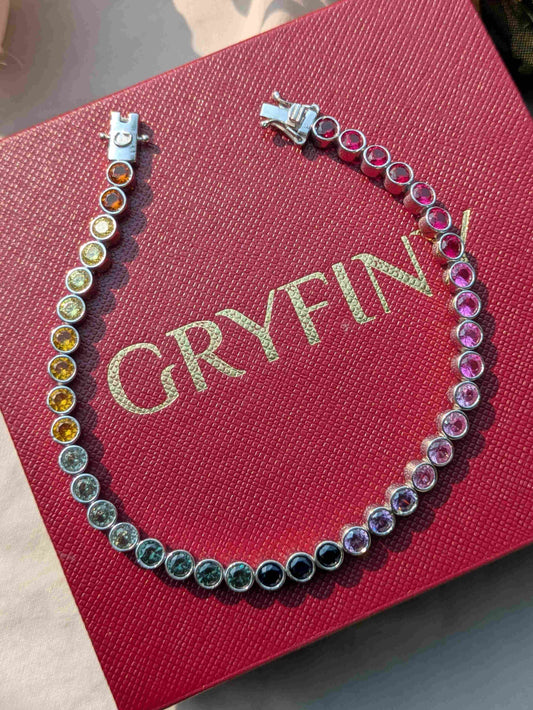 Round Bezel MultiColor Tennis Silver Bracelet