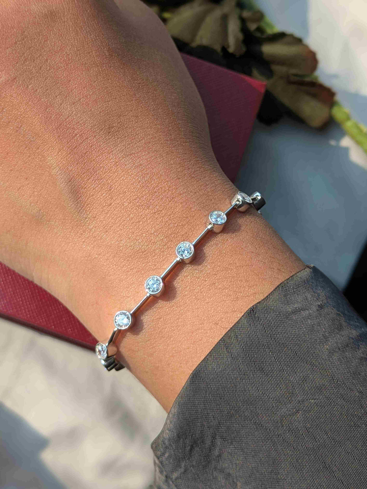 Round Bezel Link Tennis Silver Bracelet