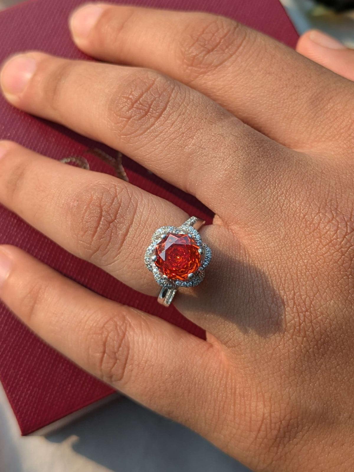 2Ct Fire Red Rose Cut Cynthia Luxe Round Solitaire Silver Ring For Women