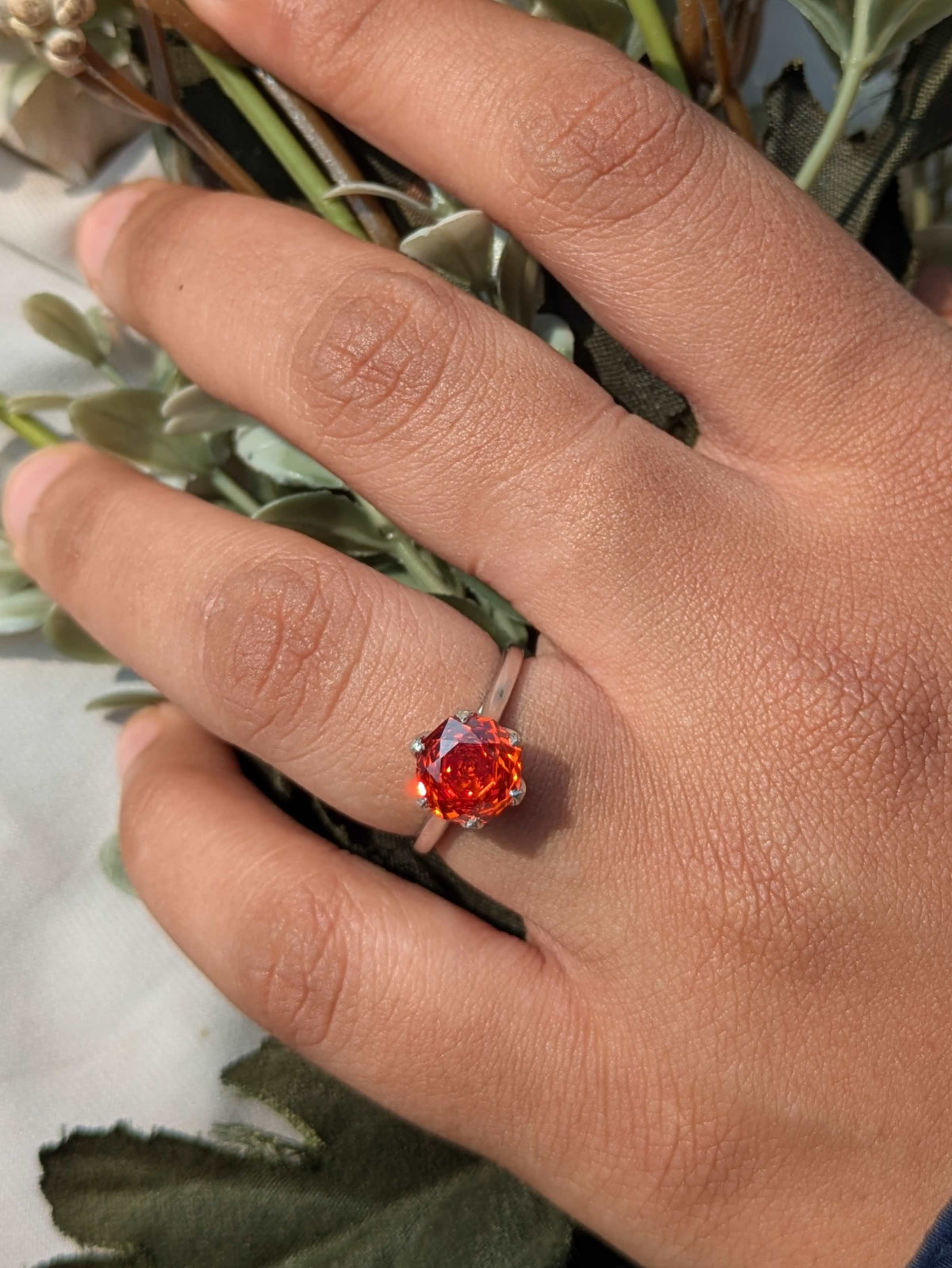 2Ct Fire Red Rose Cut Tulip Setting Silver Solitare Ring For Women