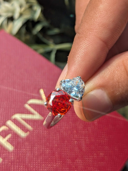 3.8Ct Fire Red Round & Heart Toi Et Moi Solitaire Silver Ring