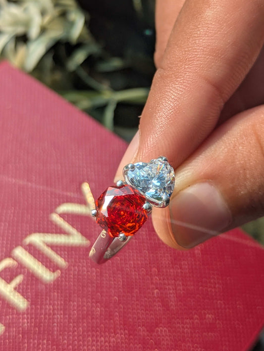 3.8Ct Fire Red Round & Heart Toi Et Moi Solitaire Silver Ring