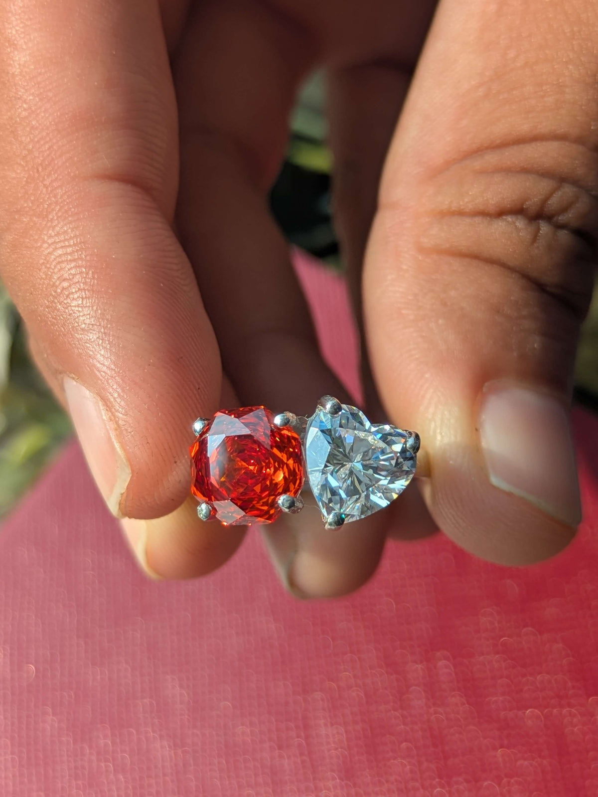 3.8Ct Fire Red Round & Heart Toi Et Moi Solitaire Silver Ring