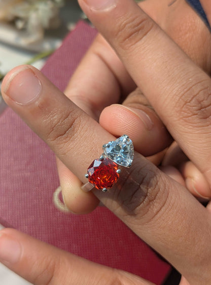 3.8Ct Fire Red Round & Heart Toi Et Moi Solitaire Silver Ring
