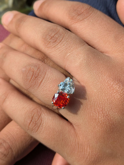 3.8Ct Fire Red Round & Heart Toi Et Moi Solitaire Silver Ring