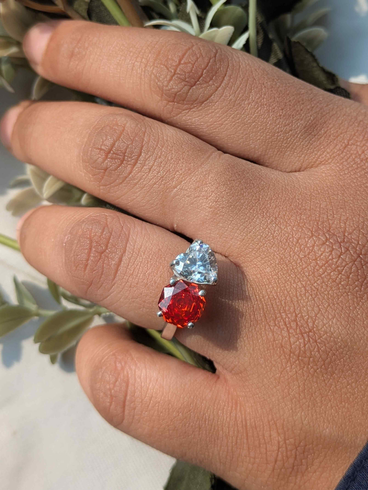 3.8Ct Fire Red Round & Heart Toi Et Moi Solitaire Silver Ring