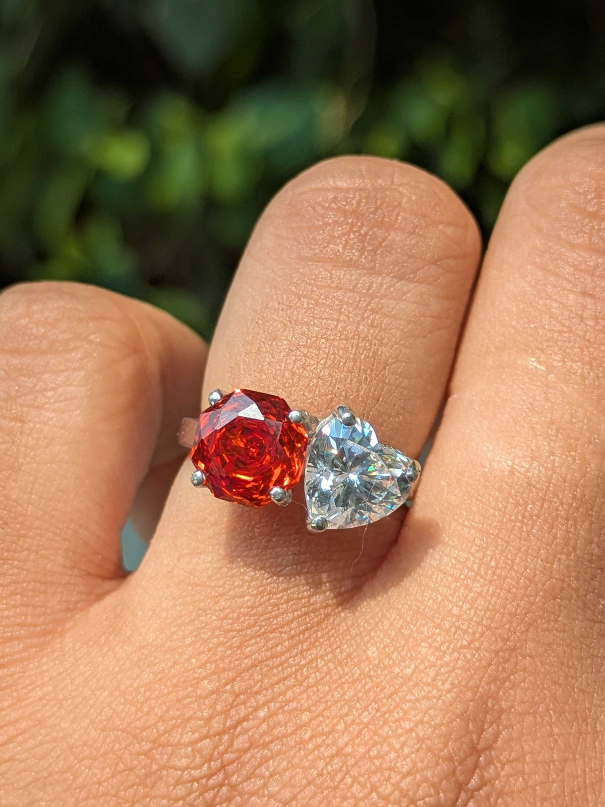 3.8Ct Fire Red Round & Heart Toi Et Moi Solitaire Silver Ring