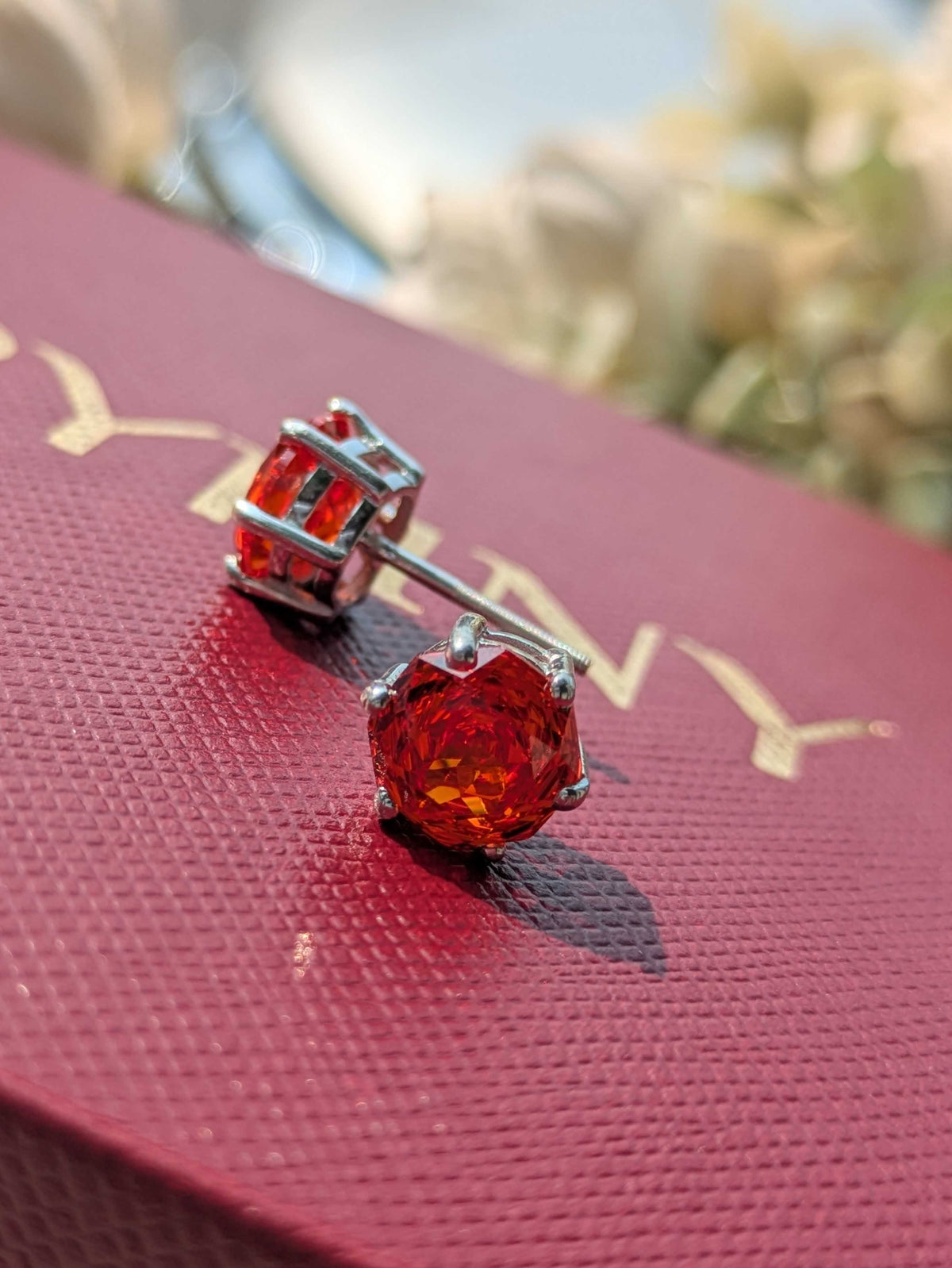 2Ct Fire Red Rose Cut Round Stud Silver Earring