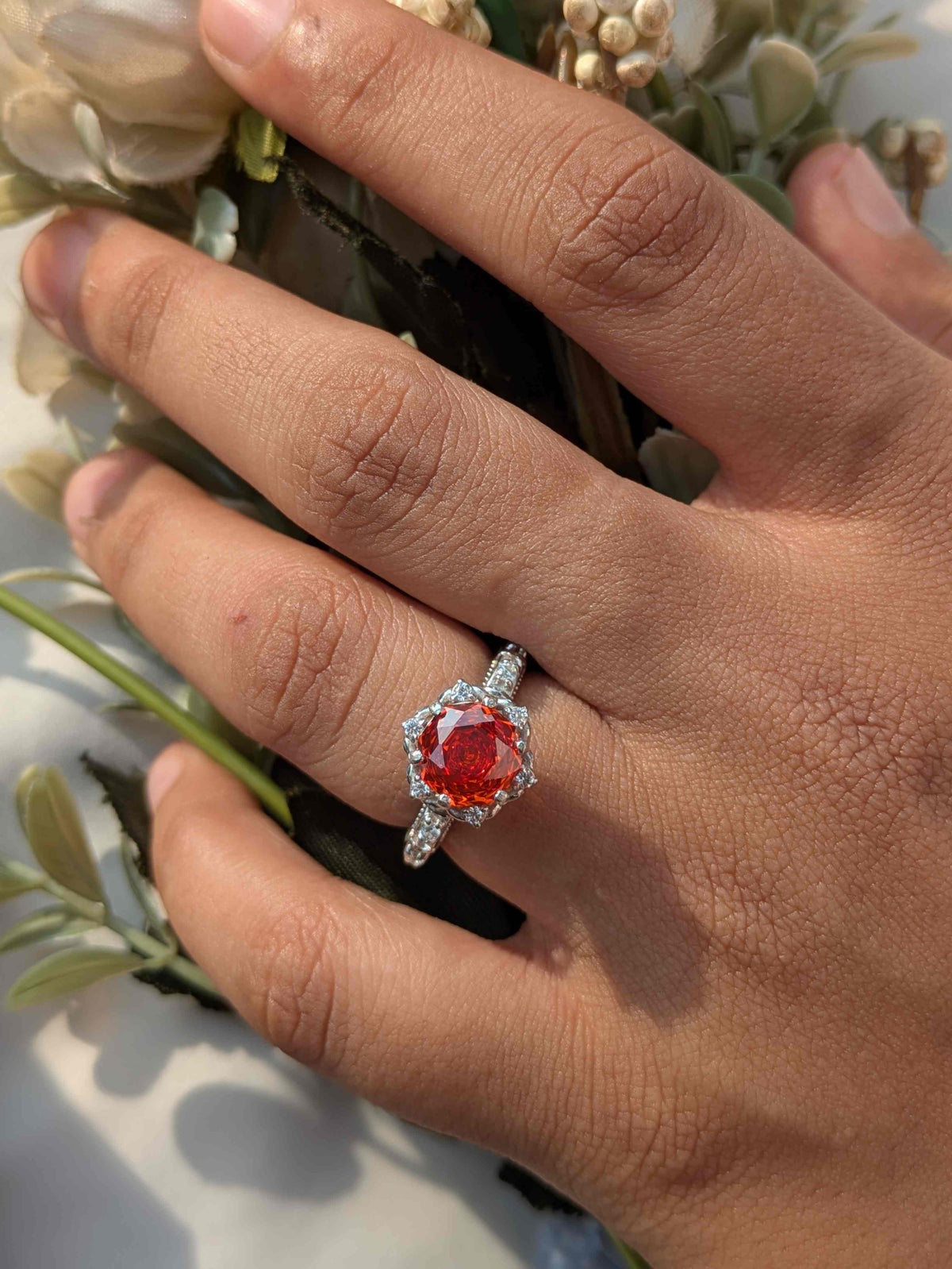 2Ct Fire Red Rose Cut Marell Luxe Round Solitaire Silver Ring For Women