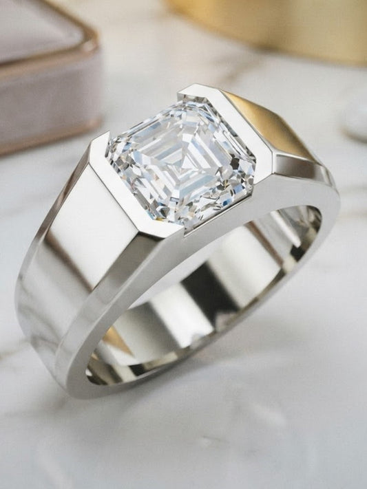 1.5 Ct Asscher Open Bezel Silver Engagement Ring For Men